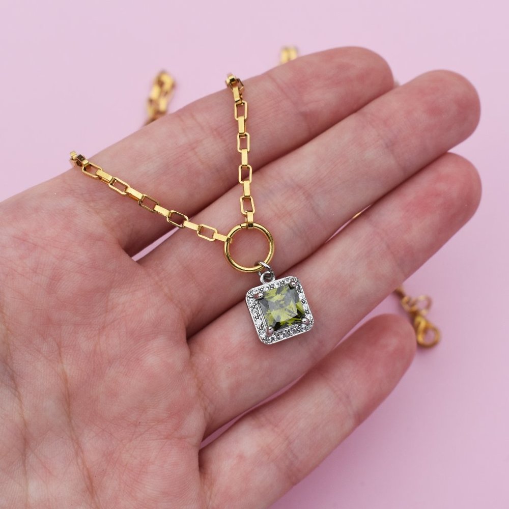Green crystal drop box chain necklace, short stack link charm choker gold tone